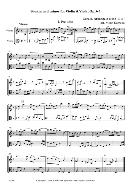 Sonata in d minor for Violin & Viola, Op.5-7 (arr. Kamada, Mikio)