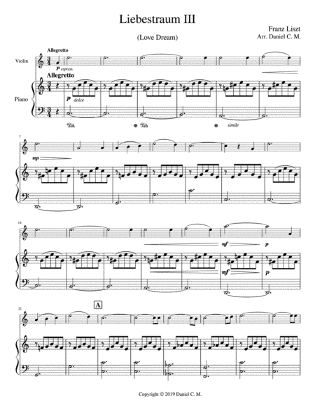 Liebestraum for violin and piano (easy) (arr. Daniel C. M.)