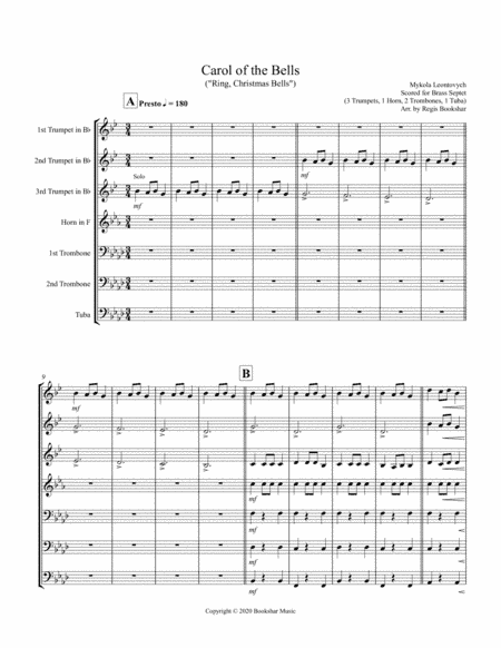 Carol of the Bells (F min) (Brass Septet - 3 Trp, 1 Hrn, 2 Trb, 1 Tuba) (arr. Regis Bookshar)