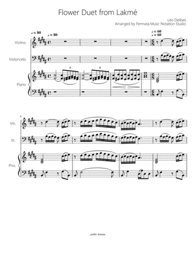 Flower Duet from Lakmé - Violin, Cello and Piano (arr. Fermata Music Notation)