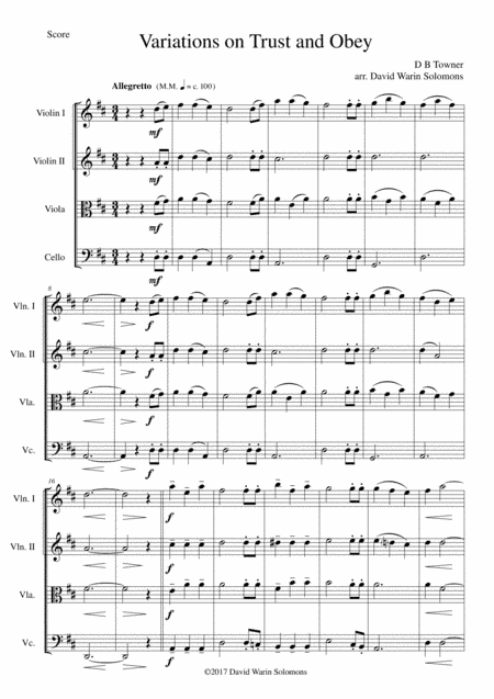 Variations on Trust and Obey for String quartet (arr. David Warin Solomons)
