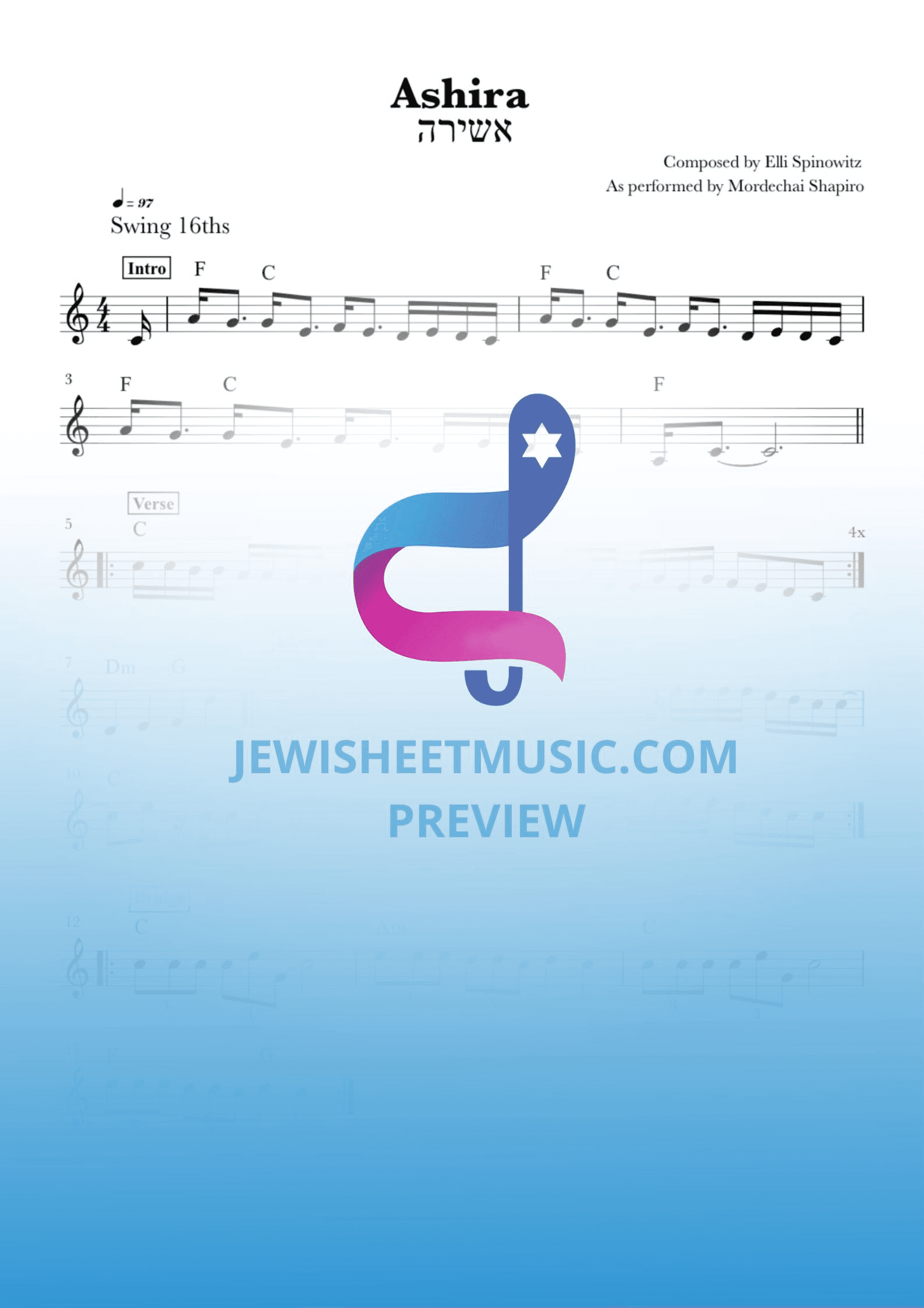 Ashira by Mordechai Shapiro. Easy lead sheet with chords (arr. R. Sloboder)