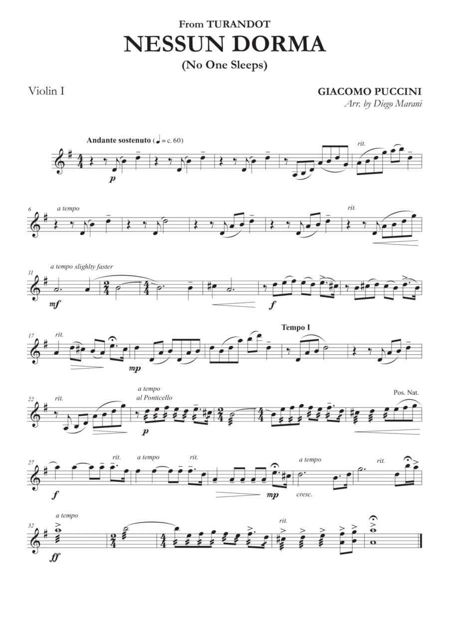 Nessun Dorma for String Quartet (arr. Diego Marani)