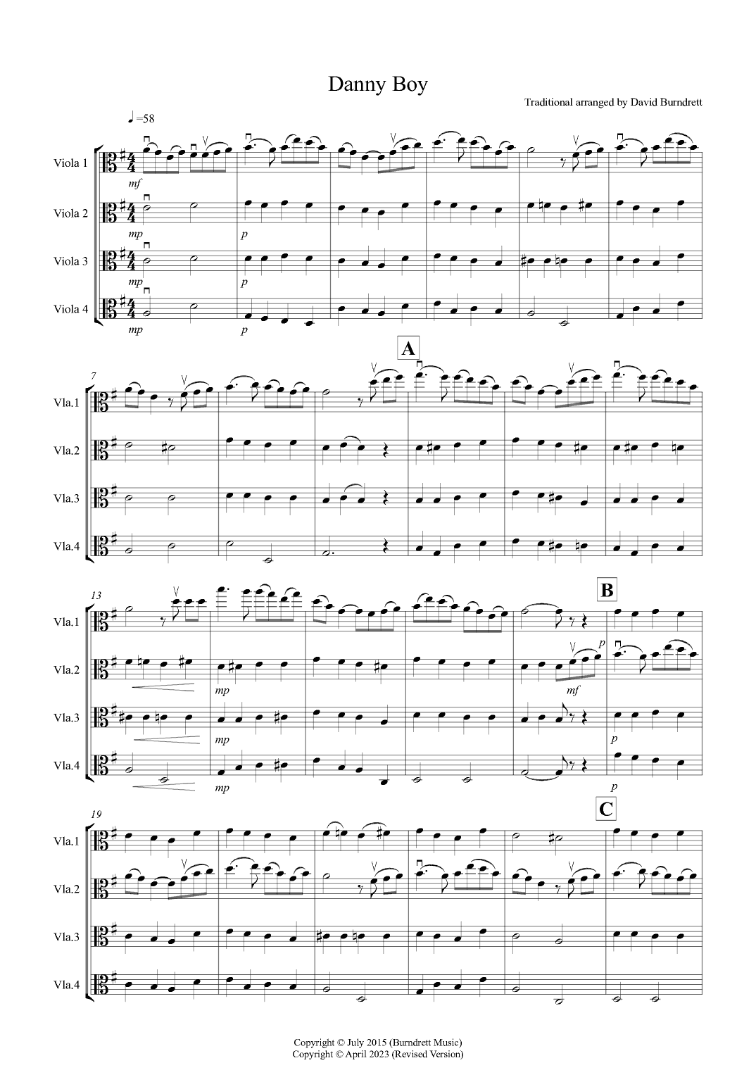 Danny Boy for Viola Quartet (arr. David Burndrett)
