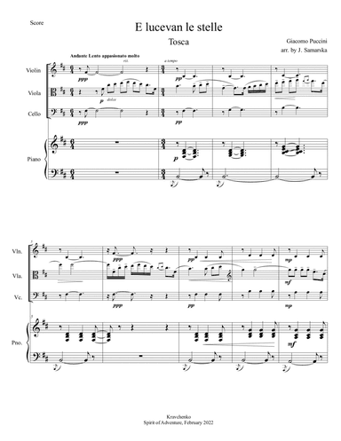 Giacomo Puccini - "E lucevan le stelle" from Tosca arr. for piano quartet (score and parts) (arr. Julia Samarska)
