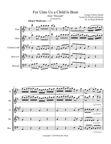For Unto Us a Child is Born (from "Messiah") (G) (Woodwind Quintet - 1 Flute, 1 Oboe, 1 Clar, 1 Hrn, (arr. Regis Bookshar)
