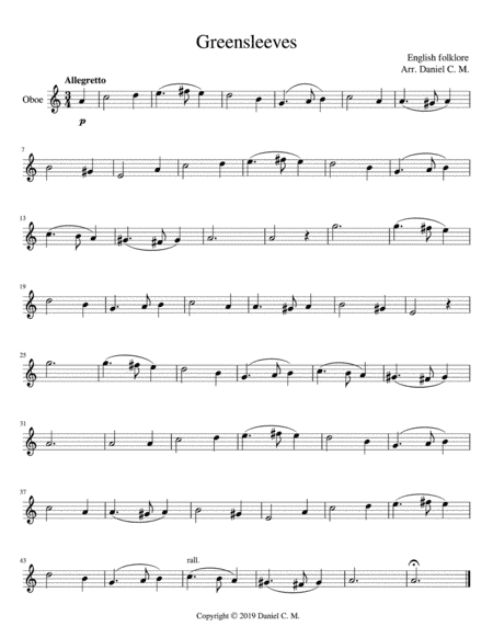 Greensleeves for oboe and piano (easy) (arr. Daniel C. M.)