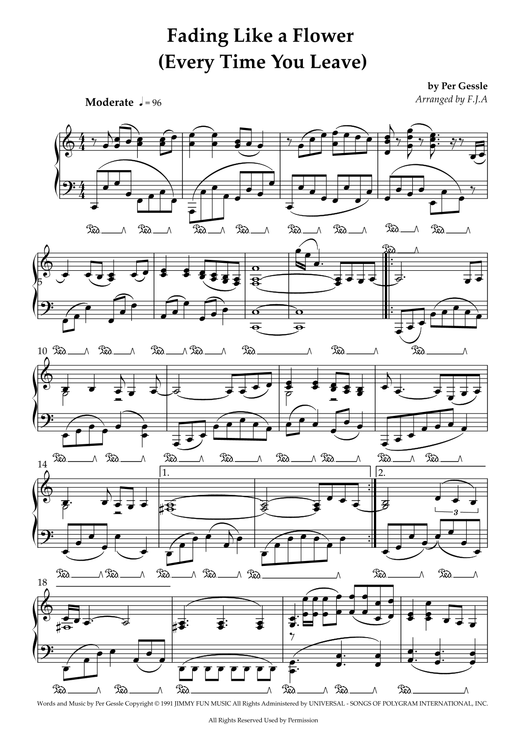 Fading Like A Flower (every Time You Leave) (arr. F.J.A)