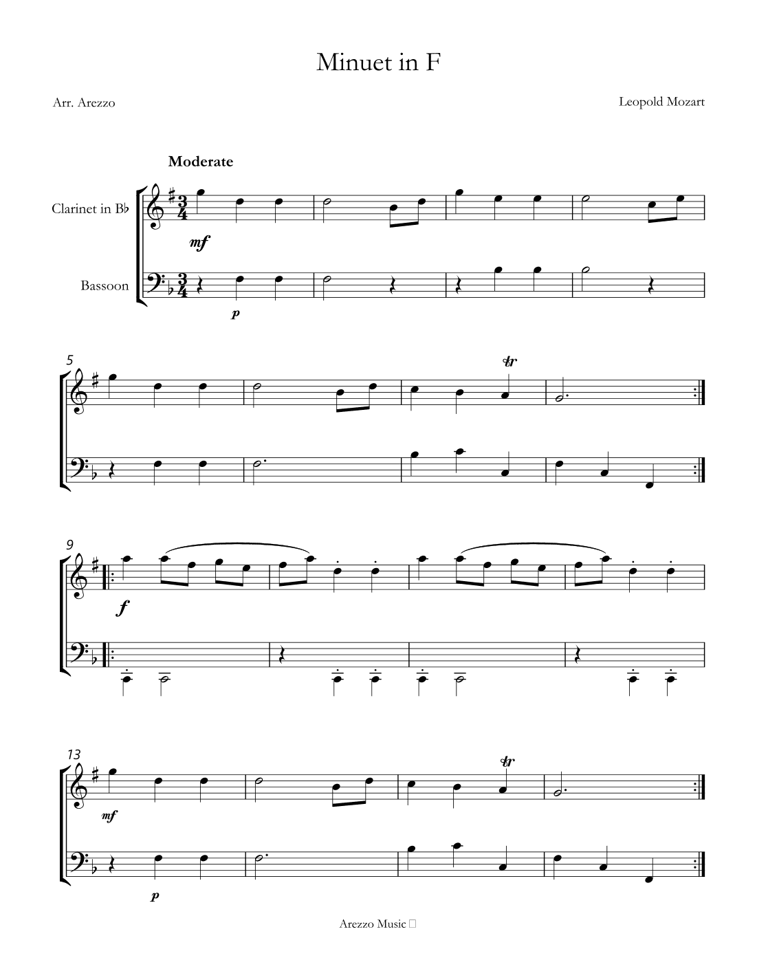 leopold mozart minuet in f clarinet and bassoon arezzo sheet music engraver (arr. Arezzo Music)
