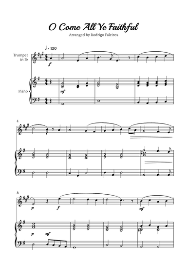 O Come All Ye Faithful (for trumpet in Bb and piano accompaniment) (arr. Rodrigo Faleiros)