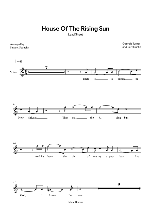 House of the Rising Sun - Lead Sheet - with play along (arr. Samuel Sequeira)