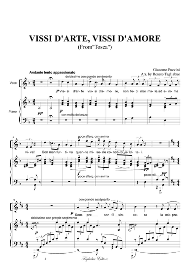 VISSI D'ARTE, VISSI D'AMORE From Tosca - For Soprano e Piano (arr. Renato Tagliabue)