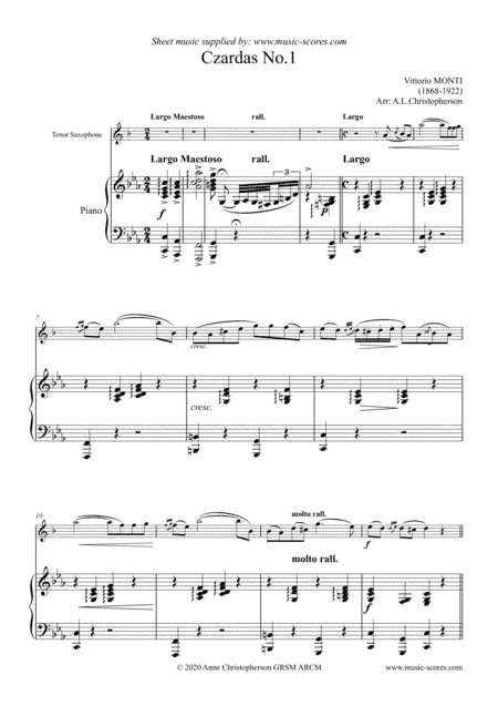 Czardas No. 1 - Monti - Tenor Sax and Piano (arr. Anne L Christopherson GRSM ARCM)