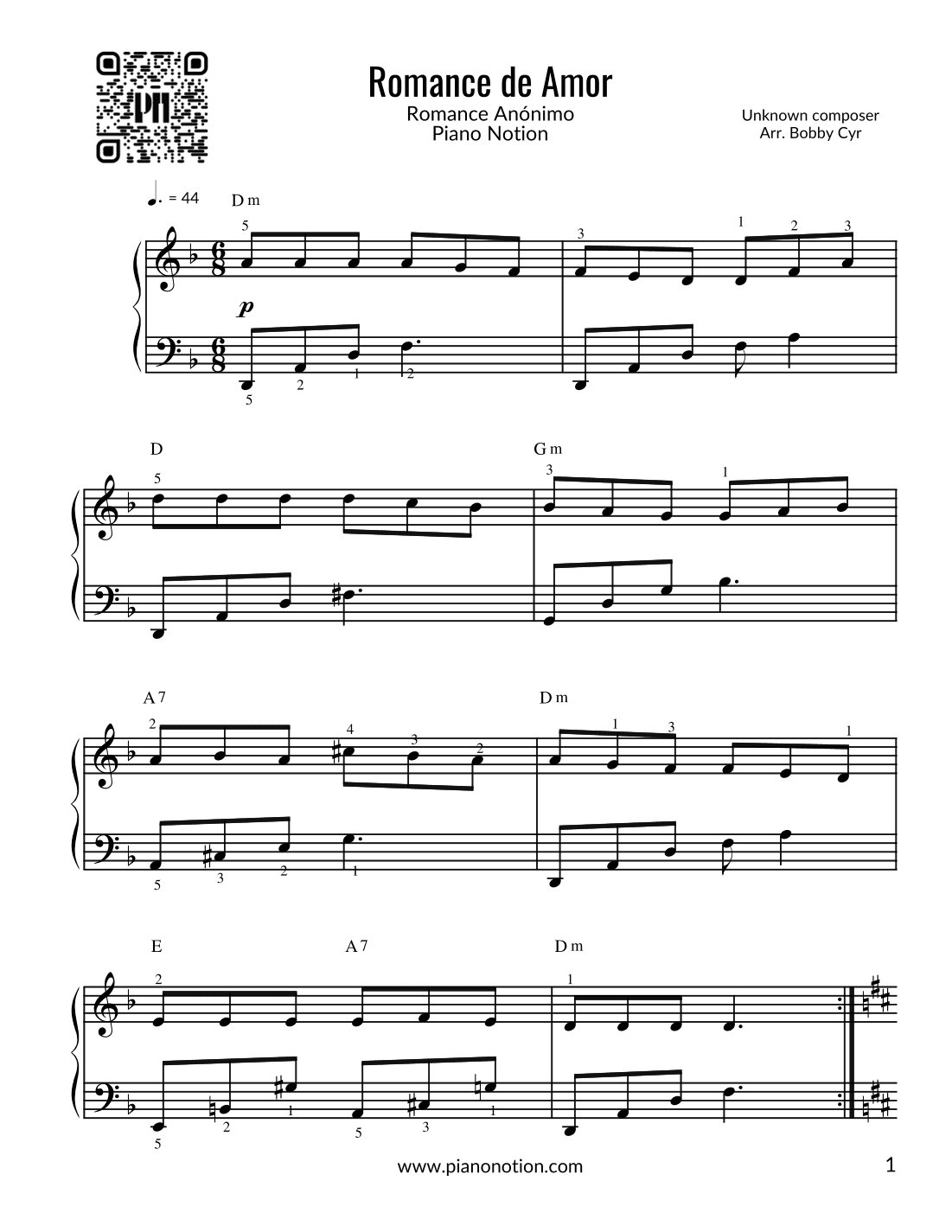 Romance de Amor - Romance Anónimo (Easy Piano) (arr. Bobby Cyr)