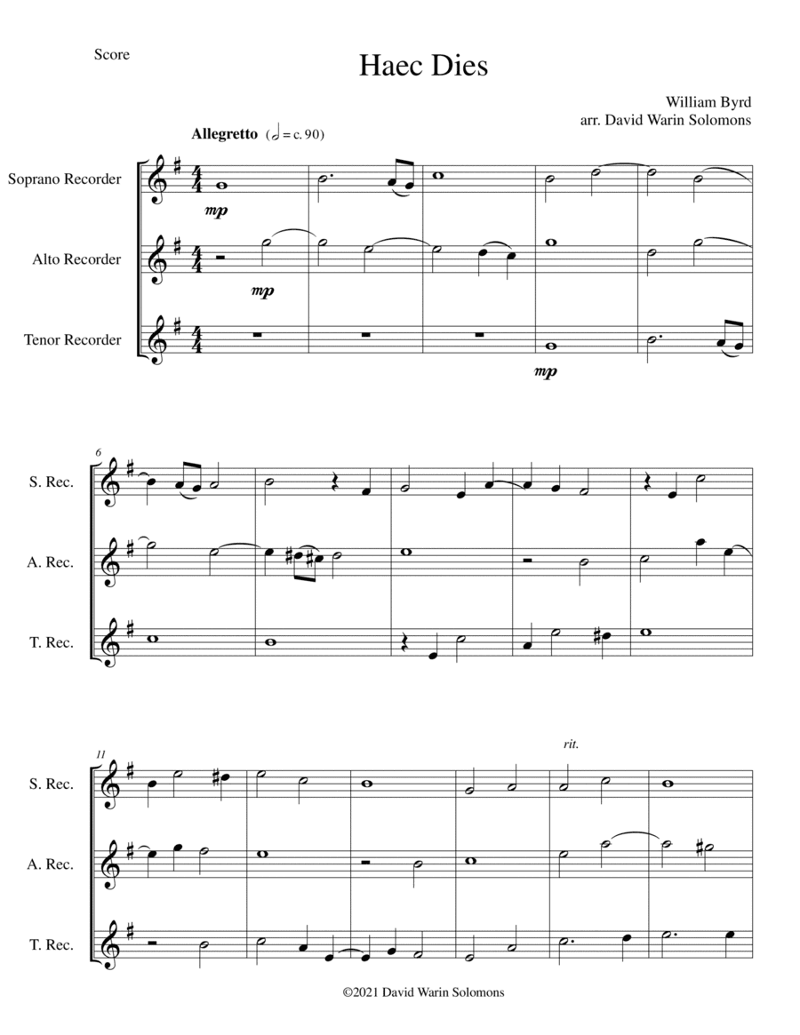 Haec Dies a 3, for recorder trio (arr. David Warin Solomons)