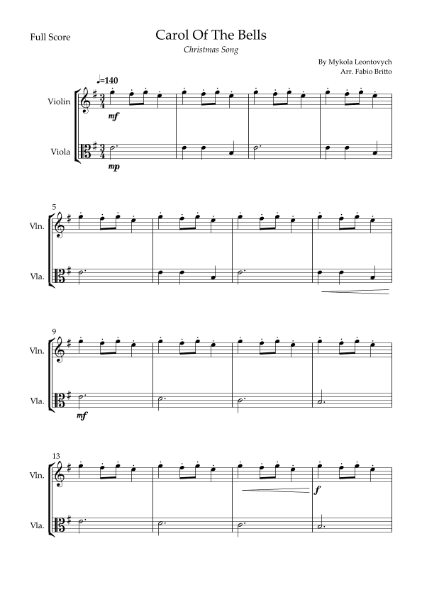 Carol Of The Bells (Christmas Song) for Violin & Viola Duo (arr. Fabio Britto)