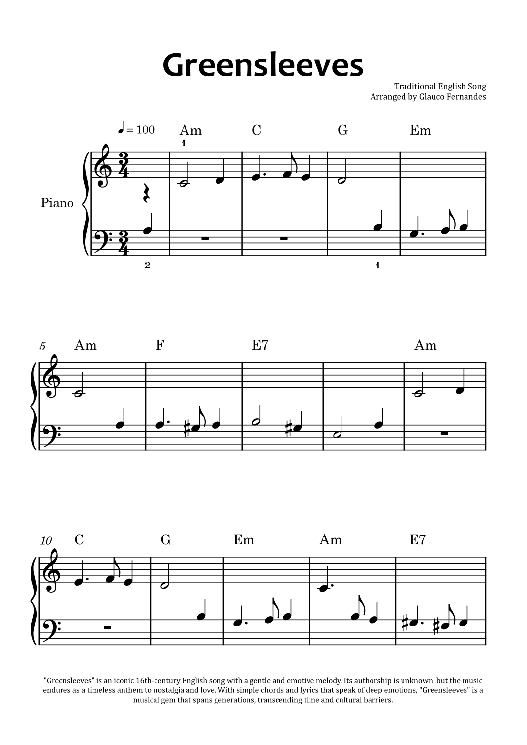 Greensleeves - Easy Piano with Chord Charts (arr. Glauco Fernandes)