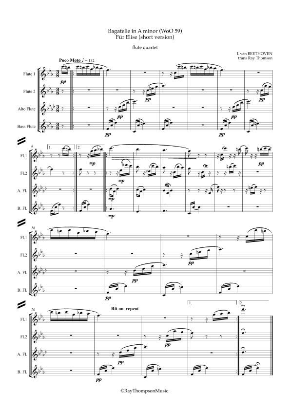 Beethoven: Bagatelle in A minor WoO 59 “Für Elise" (Short version) - flute quartet (arr. Ray Thompson)