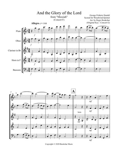 And the Glory of the Lord (from "Messiah") (F) (Woodwind Quintet - 1 Flute, 1 Oboe, 1 Clar, 1Hrn, 1 (arr. Regis Bookshar)