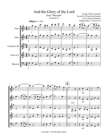 And the Glory of the Lord (from "Messiah") (F) (Woodwind Quintet - 1 Flute, 1 Oboe, 1 Clar, 1Hrn, 1 (arr. Regis Bookshar)