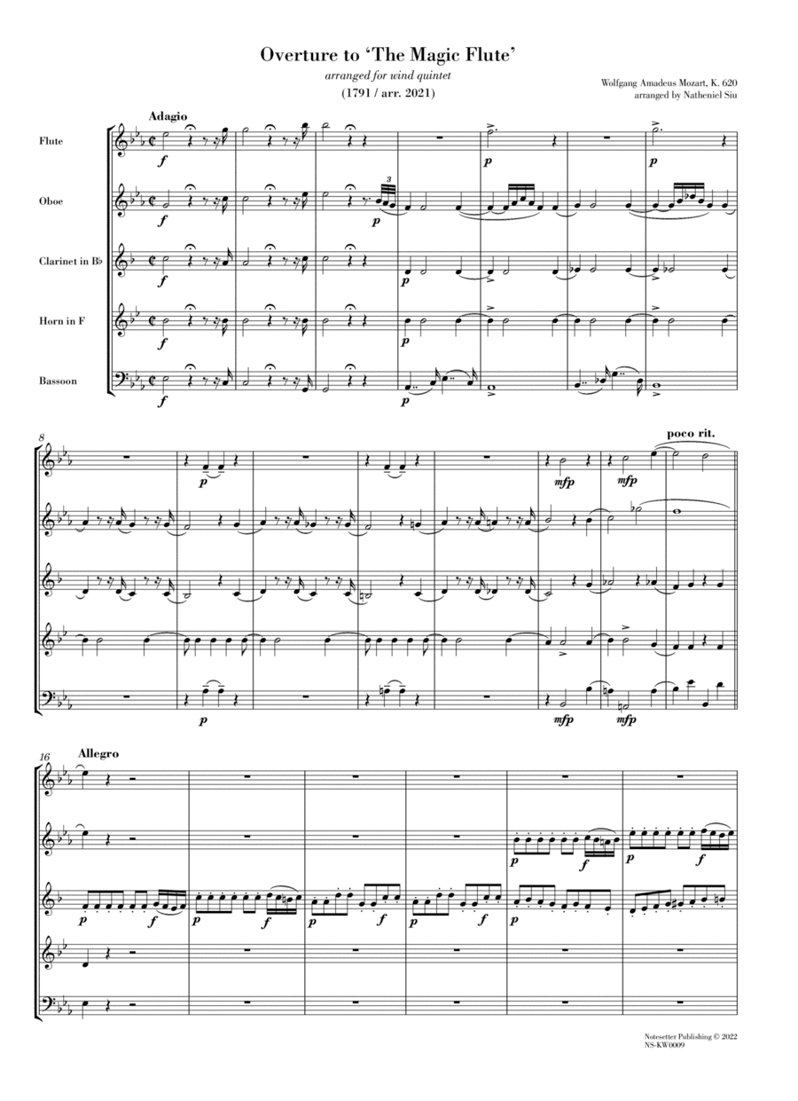Overture to "The Magic Flute" (arr. for wind quintet) [score and parts] (arr. Natheniel Siu)