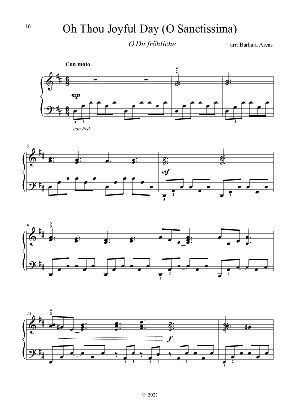 O Du Fröhliche - O Thou Joyful day - O Sanctissima - for Intermediate Piano (arr. Barbara Arens)