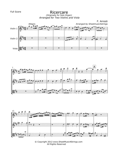 Arresti, F - Ricercare for Two Violins and Viola (arr. SheetMusic4Strings)