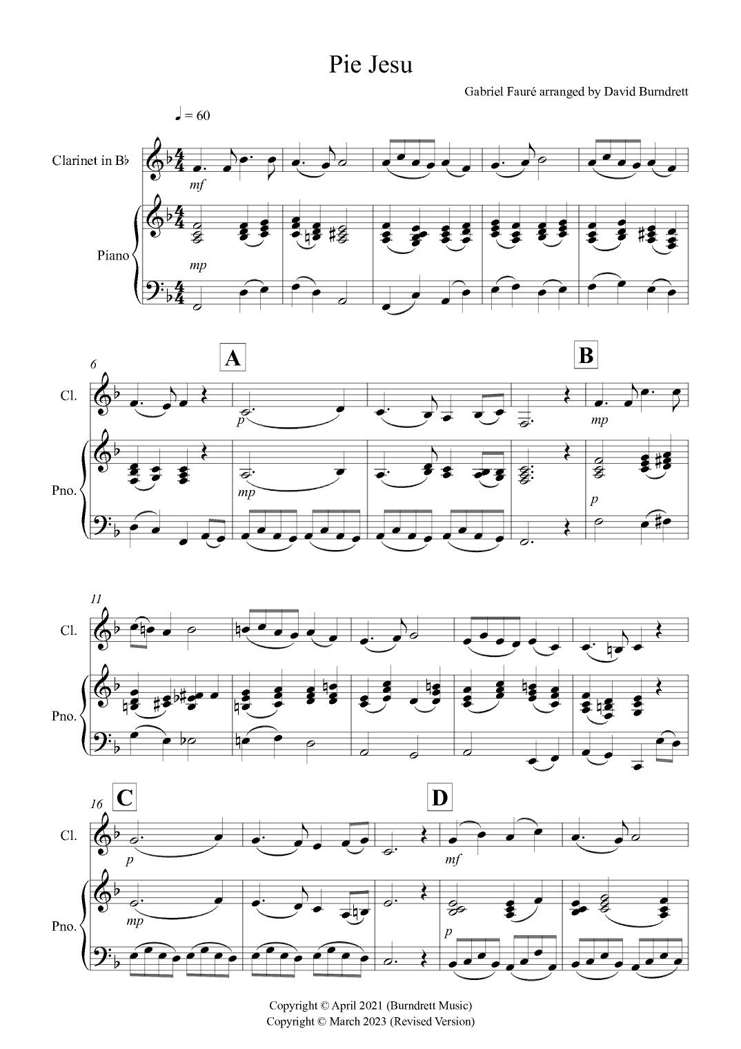 Pie Jesu (from Requiem) for Clarinet and Piano (arr. David Burndrett)
