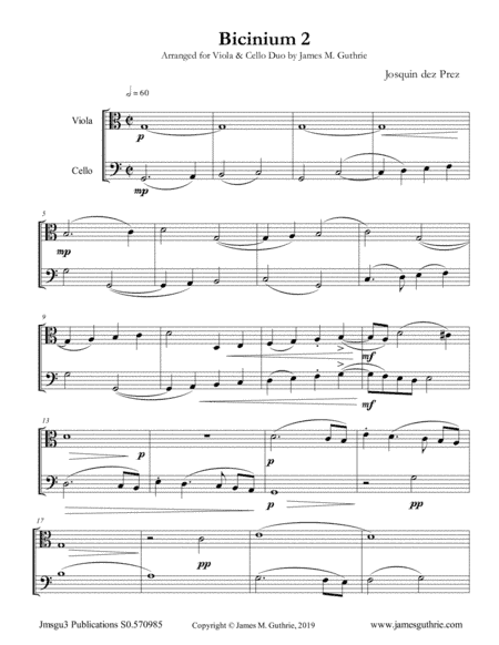 Josquin: Bicinium 2 for Viola & Cello (arr. James M. Guthrie)