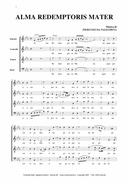ALMA REDEMPTORIS MATER - G.P. Palestrina - Mottetto for SATB Choir - Score Only (arr. Renato Tagliabue)