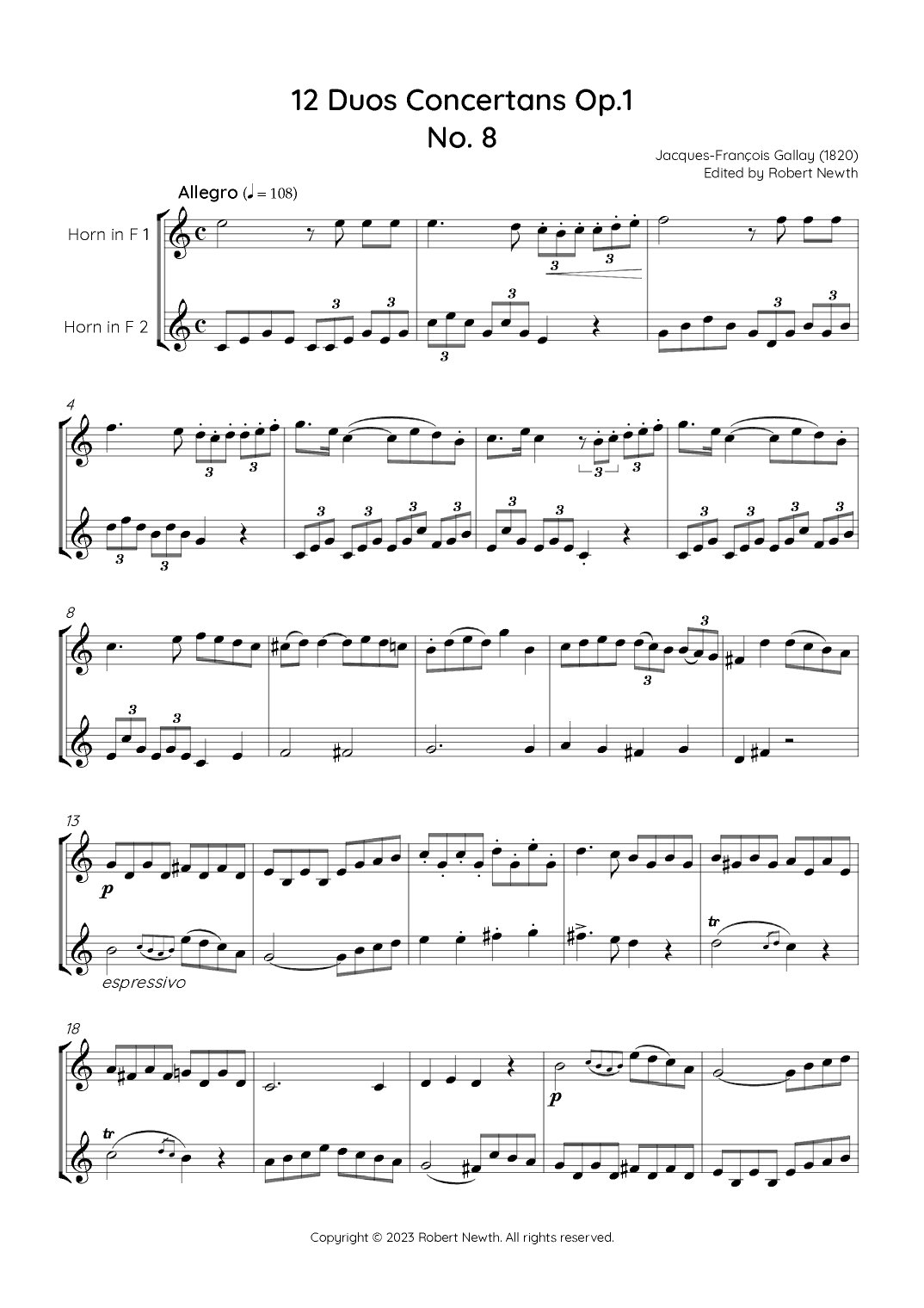 Gallay - 12 Duos Concertans Op. 1 No. 8 'Allegro' (for Horn Duet) (arr. Robert Newth)