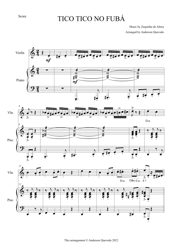 Tico Tico no Fubá by Zequinha de Abreu for Violin & Piano Duo (arr. Anderson Quevedo)
