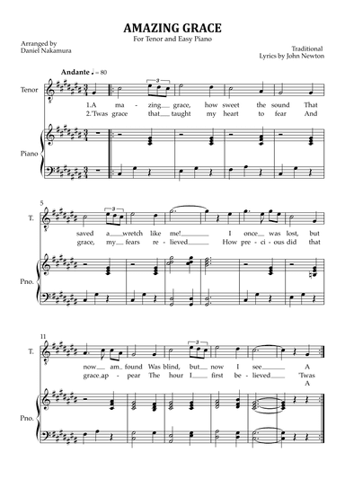 Amazing Grace (for tenor vocal with easy piano) (arr. Daniel Nakamura)