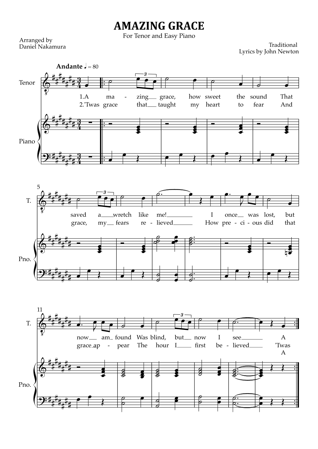 Amazing Grace (for tenor vocal with easy piano) (arr. Daniel Nakamura)