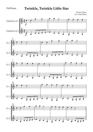 Twinkle, Twinkle Little Star for Clarinet in A Duo (arr. Fabio Britto)