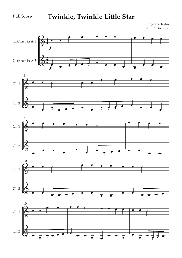Twinkle, Twinkle Little Star for Clarinet in A Duo (arr. Fabio Britto)