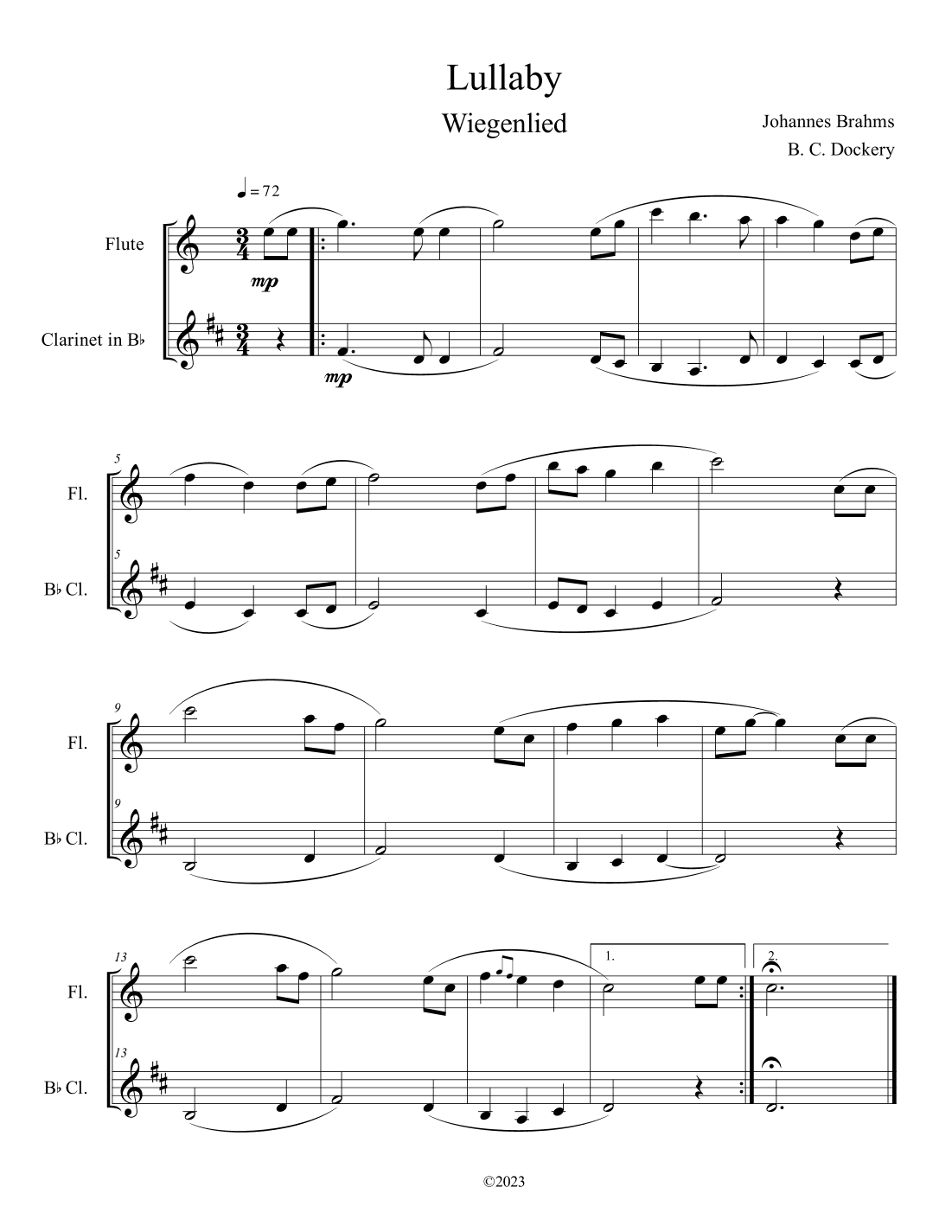Brahms's Lullaby (Flute and Clarinet Duet) (arr. B. C. Dockery)