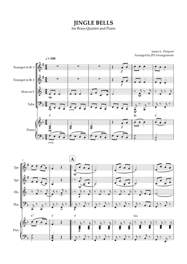 Jingle Bells for Brass Quartet and piano in F major (arr. Jps Arrangements)