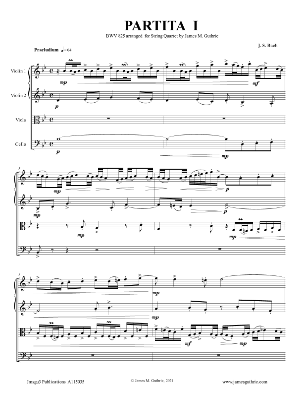 BACH: Partita No. 1 BWV 825 for String Quartet (arr. James M. Guthrie)