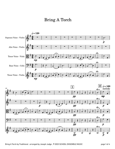 Bring A Torch for String Quartet in Schools (arr. Joseph Judge)