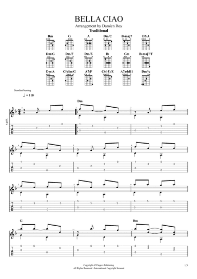 BELLA CIAO easy fingerstyle for guitar (arr. Damien Roy)