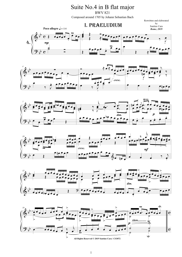 Bach - Piano Suite No.4 in B flat major BWV 821 - Complete Piano version (arr. Santino Cara)