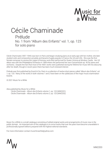 Cécile Chaminade - Pre´lude op. 123 no. 1 for solo piano (arr. Music for a While)