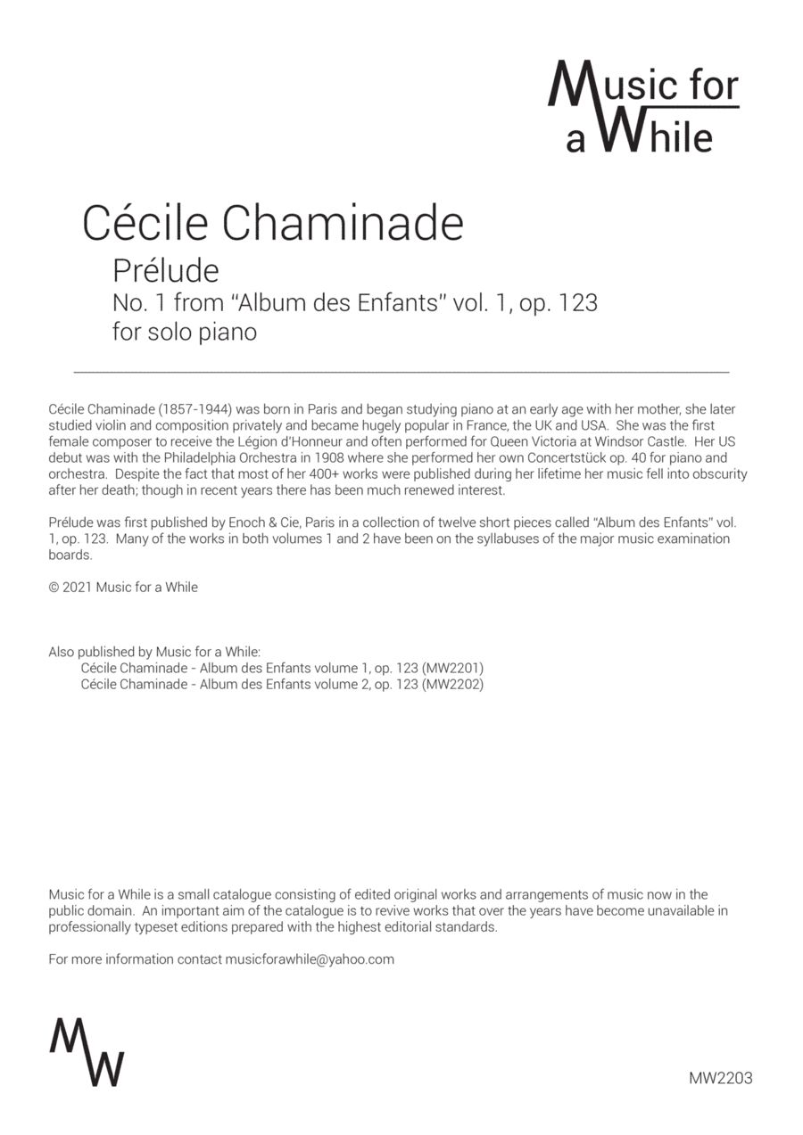 Cécile Chaminade - Pre´lude op. 123 no. 1 for solo piano (arr. Music for a While)