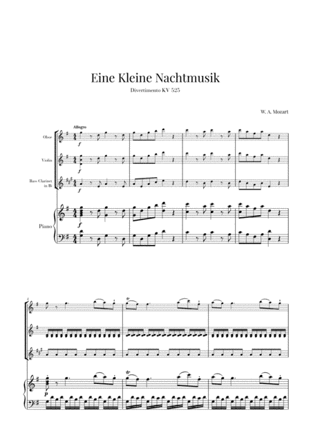 Eine Kleine Nachtmusik for Oboe, Violin, Bass Clarinet and Piano (arr. Cadenza Editions)