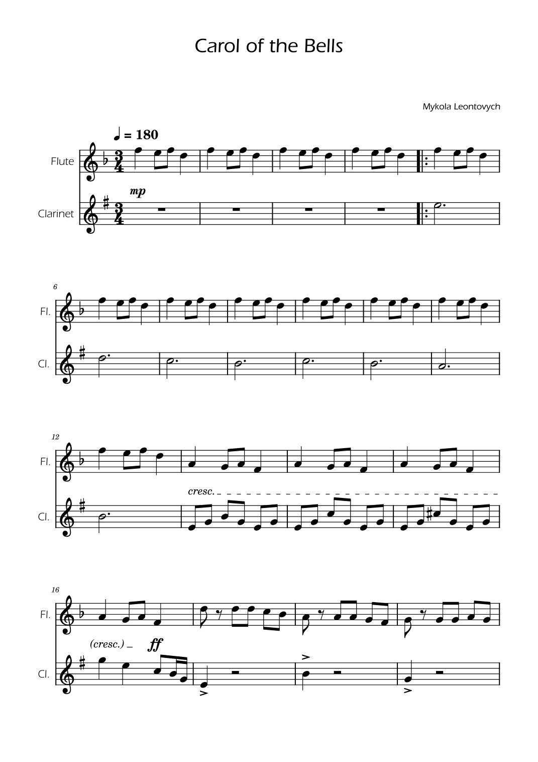 Carol of the Bells - Flute and Clarinet Duet (arr. Ygor Nunes)