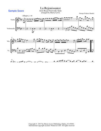 LA REJOUISSANCE from Royal Fireworks, String Duo, Intermediate Level for violin and cello (arr. Sherry Lewis)