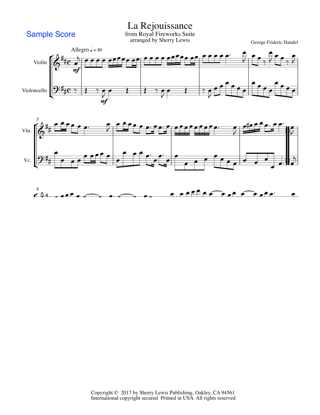 LA REJOUISSANCE from Royal Fireworks, String Duo, Intermediate Level for violin and cello (arr. Sherry Lewis)