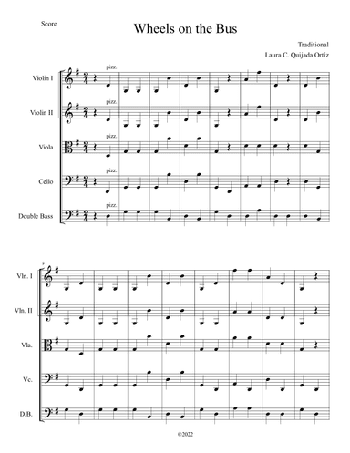 The Wheels on the Bus. Open strings and first finger. Score and parts. (arr. Laura C. Quijada Ortíz)