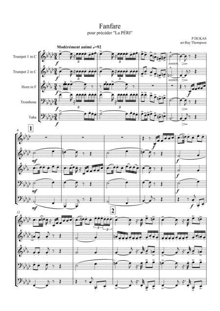 Dukas: Fanfare (pour précéder "La Péri"} - brass quintet (arr. Ray Thompson)